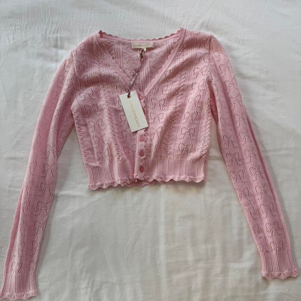 Love shack fancy pink cardigan with bowtie embriodery